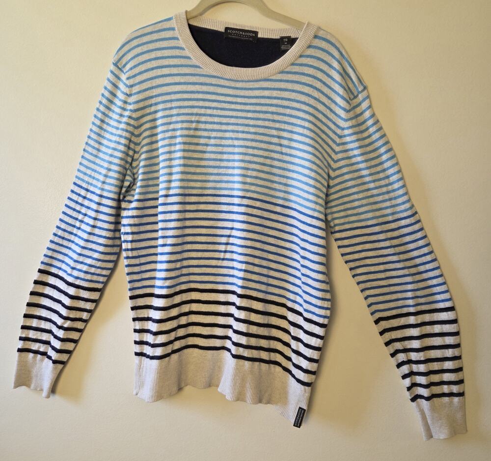 Scotch Soda Mens Striped Thin Cotton Wool Blend Crewneck Knit Sweater Sz M Blue